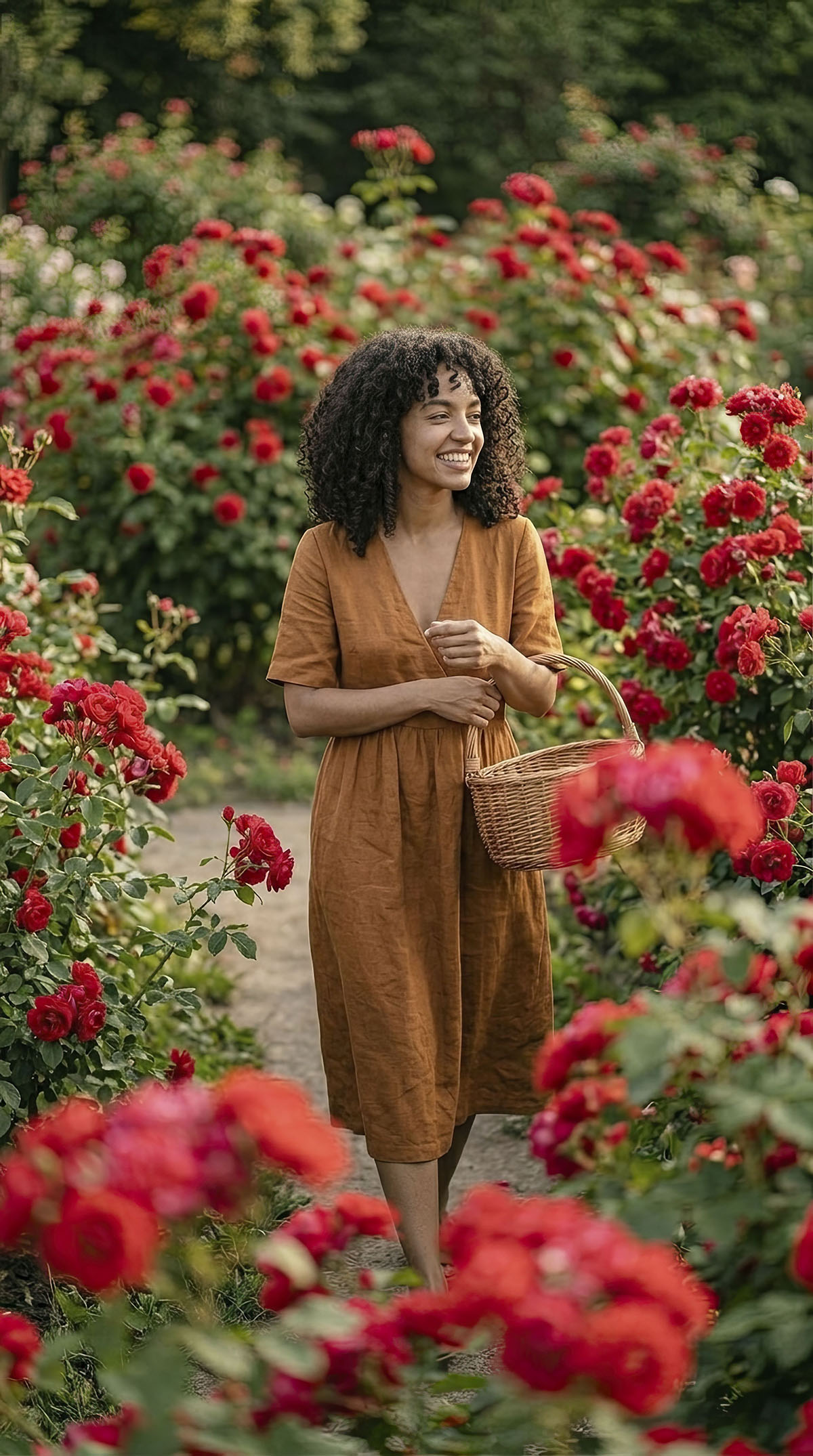 Keyframe 1 — Walking through the rose garden with a basket