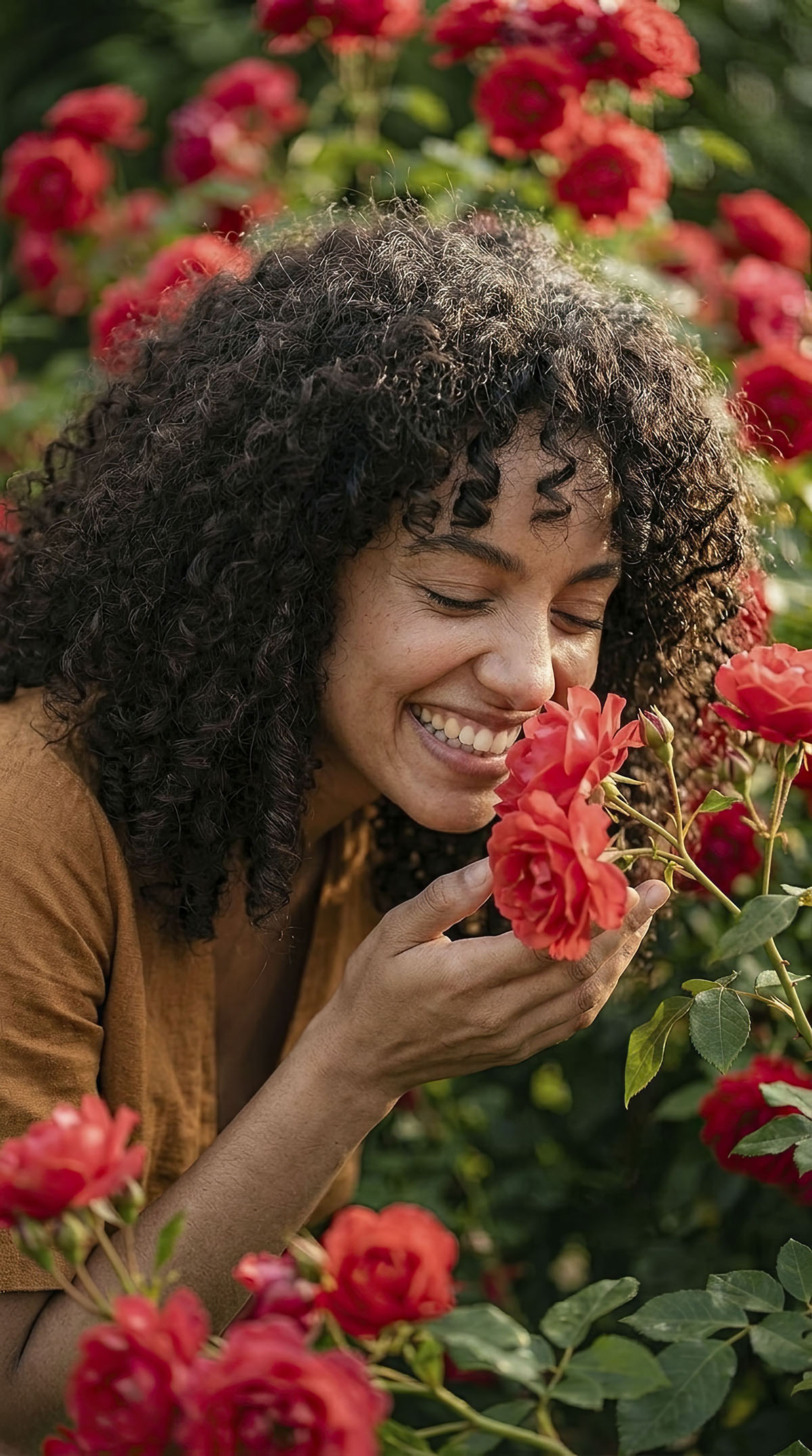 Keyframe 2 — Pausing to inhale the scent of an open rose