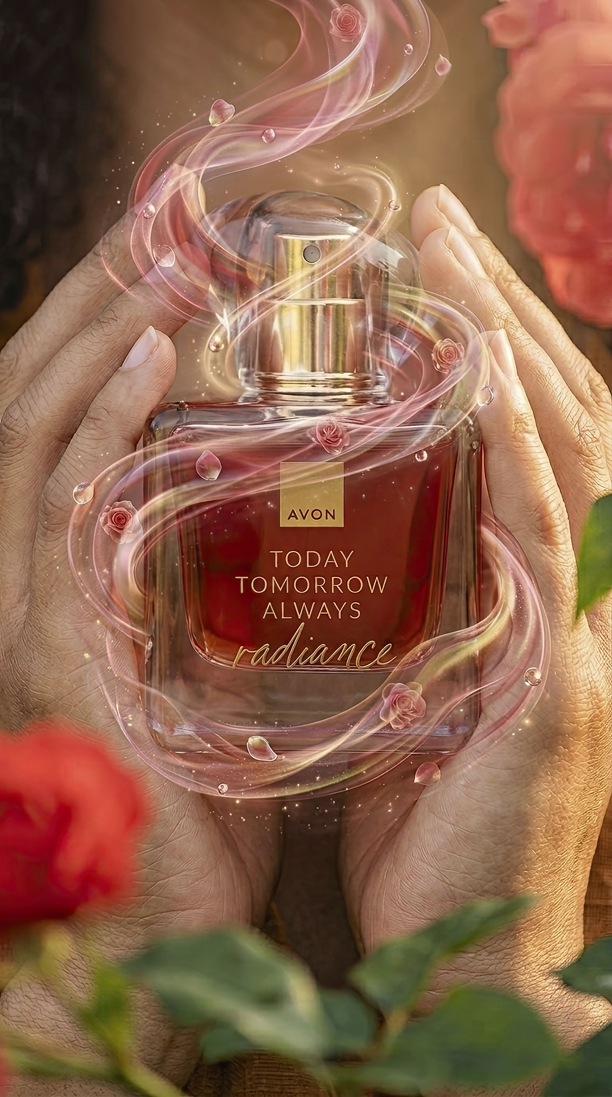 Keyframe 6 — A ribbon of rose petals and light spiralling around the bottle